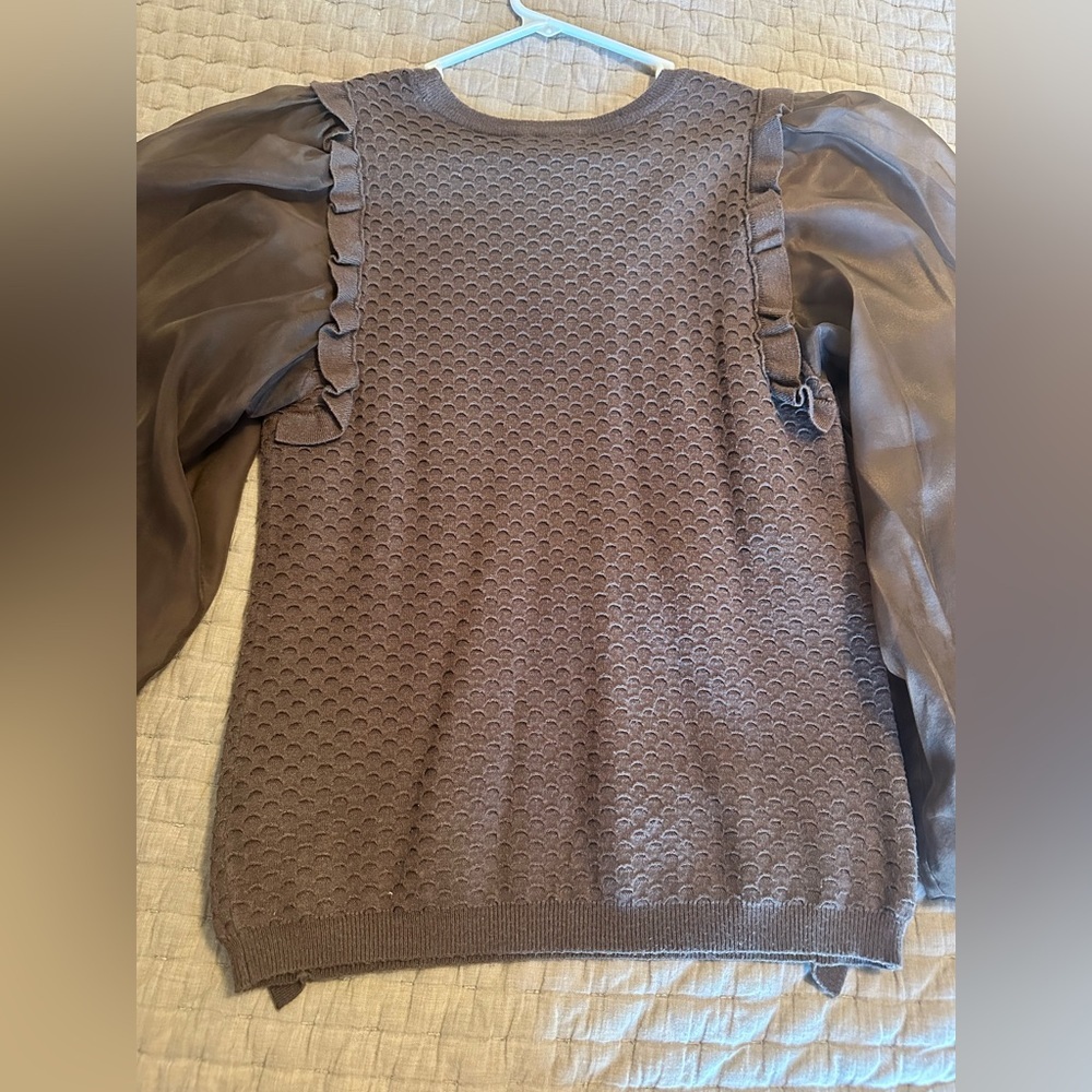 Anthropologie Chocolate Brown Puff‎ Tulle Sleeve Sweater - Picture 7 of 10